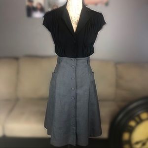 Two Toned Button Down A Line Dress with Pockets